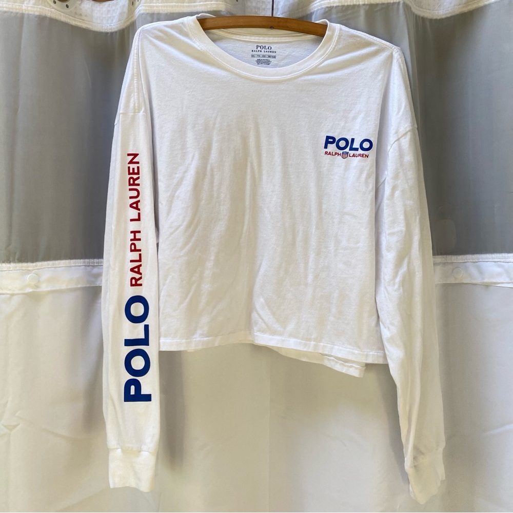 Polo Ralph Lauren Long Sleeve White Tshirt Tee Top Blue Red America Crop